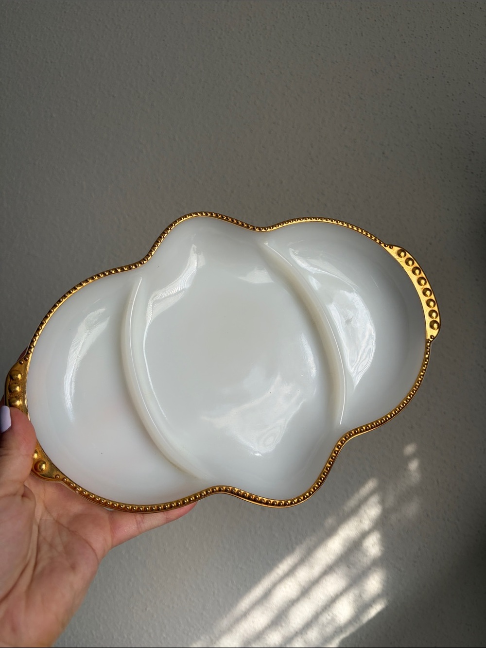 Fire King Vintage Milk Glass Divided Serving Relish Dish with 22k Gold Trin